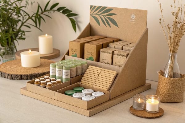 具有天然护肤产品和健康产品的环保纸板展示。