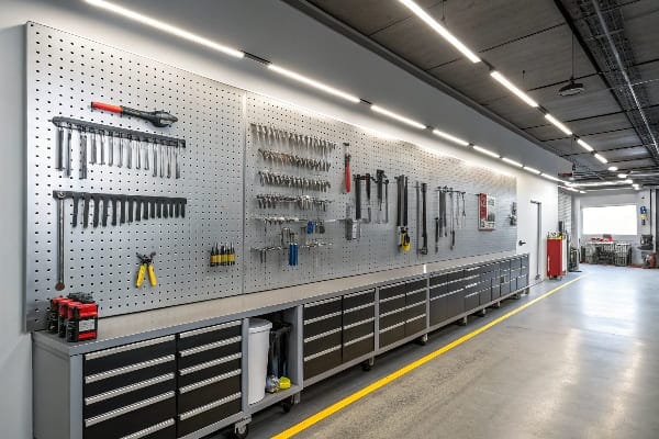 Muro de taller profesional con herramientas cuidadosamente arregladas en Pegboard.