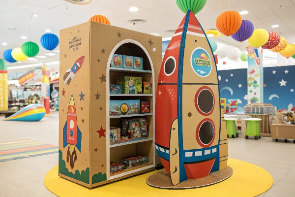 Papp -Raketen -Display im Spielzeuggeschäft mit Kindersnacks und farbenfrohen Dekorationen
