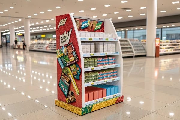 スーパーマーケットには、さまざまなパッケージ化されたスナックや製品が備わったカラフルな自立型ディスプレイ。