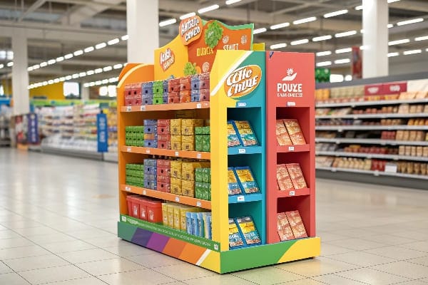 Pantalla de producto de supermercado colorido con múltiples estantes que muestran varios artículos empaquetados.