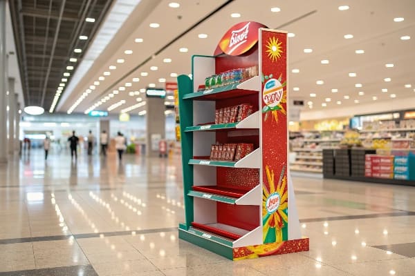 現代のスーパーマーケットにあるブランドパッケージとお祝いのグラフィックを備えた明るいプロモーションディスプレイ。