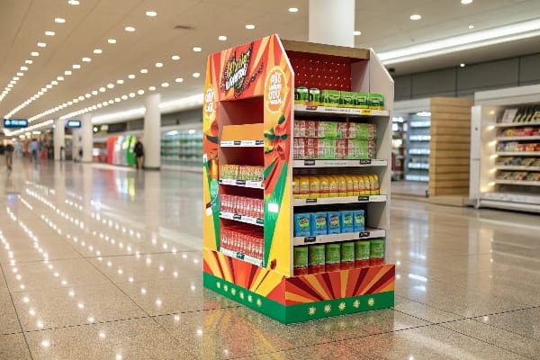 Vibrant freestanding display with tropical-themed packaging and bright colors in a supermarket.