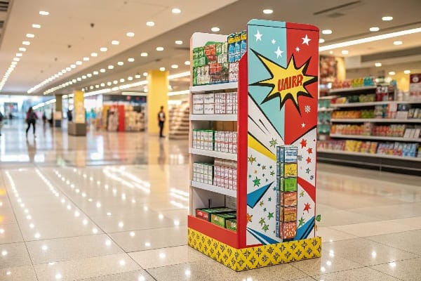Pop art-inspired product stand with bright colors and comic-style graphics in a busy retail aisle.