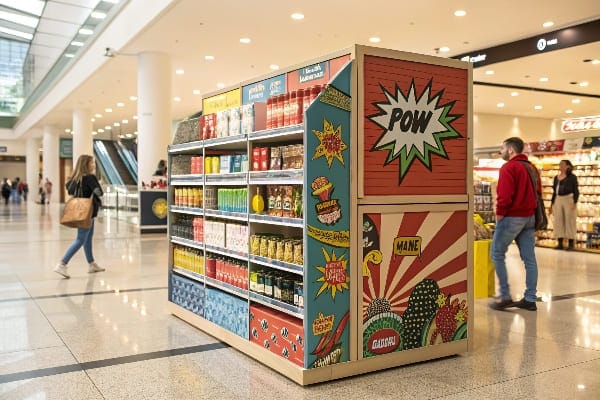 Productos inspirados en Pop Art se encuentra con gráficos en negrita y productos empaquetados en un entorno minorista.