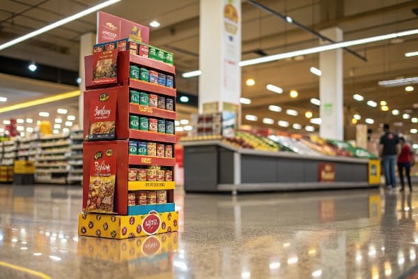 Producto de productos de cartón compacto con artículos enlatados y embalajes coloridos en un pasillo de supermercado.