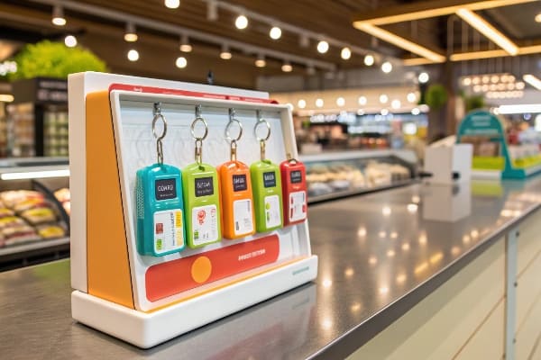 Colorful countertop keychain display with bright packaging in a modern supermarket setting.