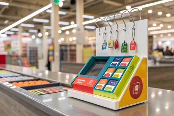 Colorful countertop display with keychains and neatly organized small packaged items.
