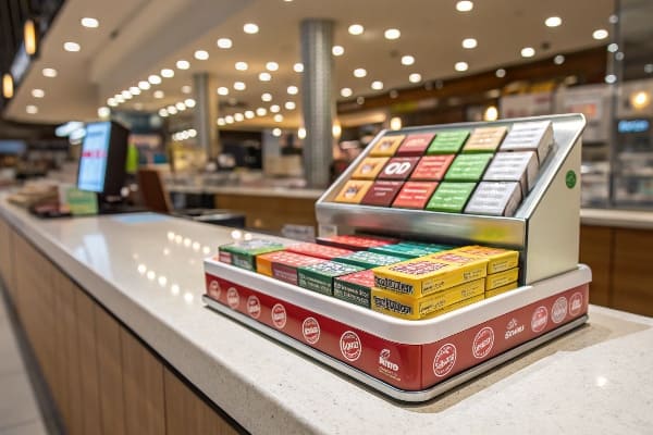 小売環境で整理された箱とカラフルなブランディングを備えたカウンタートップ製品スタンド。