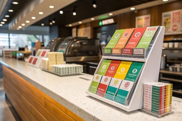 Countertop display with colorful brochures and neatly stacked promotional materials in a modern cafe.
