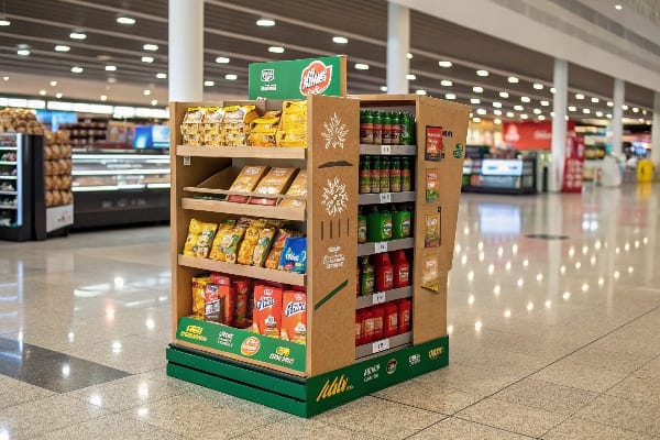 Rack de productos de cartón ecológico con bocadillos y bebidas en un espacioso pasillo de supermercado.
