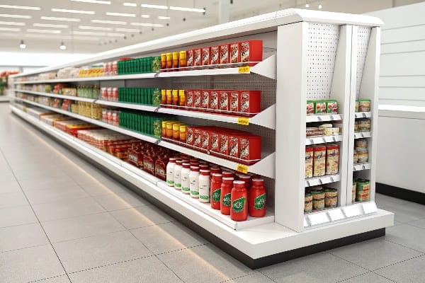 さまざまな製品を備えた完全に在庫のある食料品のゴンドラのクローズアップ。