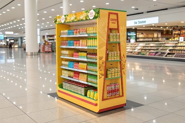Exhibición de productos de temática tropical brillante con una variedad de artículos empaquetados coloridos en un supermercado.