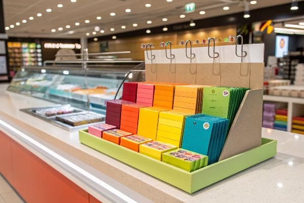 小売店の鮮やかなメモ帳と文房具を備えたカラフルなカウンタートップディスプレイ。