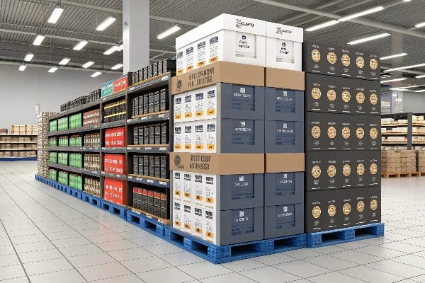 ممر المستودع مع منصات المنتج المكدسة