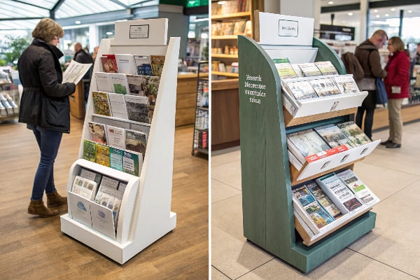 Les porte-brochures côte à côte dans l'espace de vente au détail, chacun rempli de tracts promotionnels