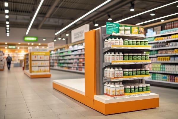 Estante de productos vitamínicos en la tienda de comestibles con en negrita señalización promocional.
