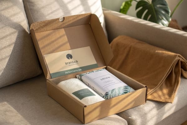 Caja de regalo de cartón con toalla y folleto en un sofá