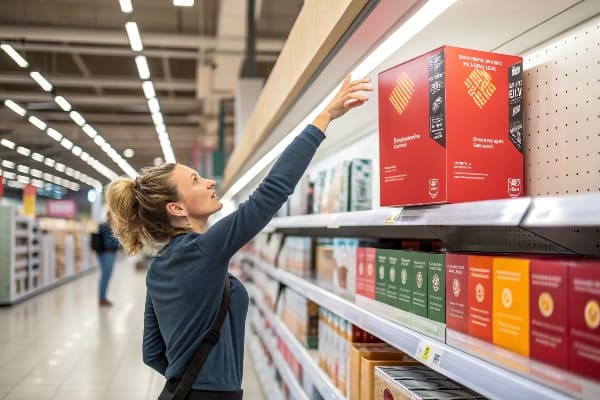 Mulher pegando a caixa de produtos vermelhos em uma prateleira de supermercado