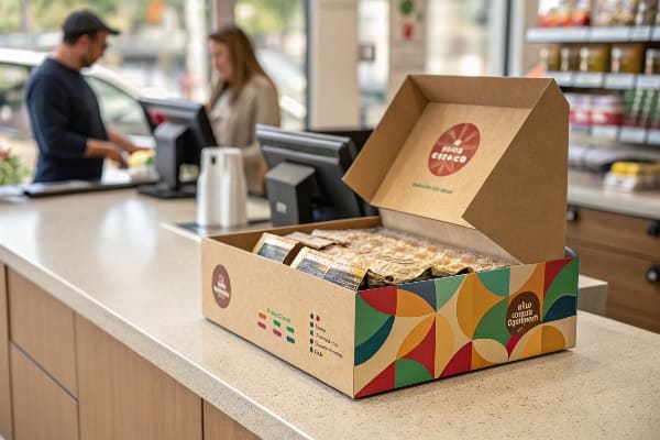 Caixa de exibição de papelão aberto com design colorido em um balcão cheio de lanches em uma loja de varejo