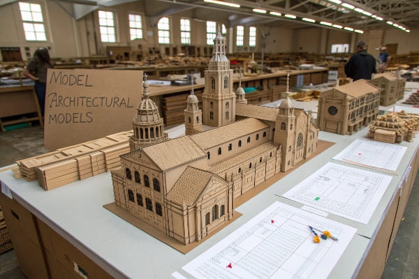 Modelo de papelão da Catedral na tabela de exibição em uma grande oficina com a leitura de sinal 'Model Architectural Models'