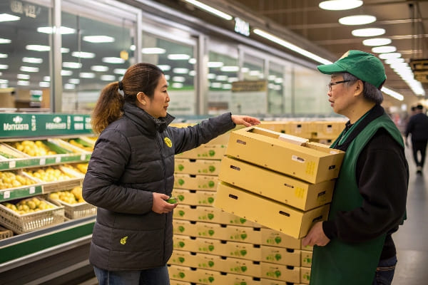 Funcionário da loja de segurando caixas enquanto conversava com um cliente na seção de produtos