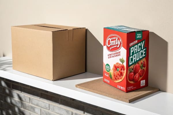 Produto alimentar embalado colorido ao lado da caixa de papelão simples na prateleira branca