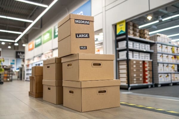 Caixas de armazenamento de papelão empilhadas no corredor da loja de suprimentos de escritórios