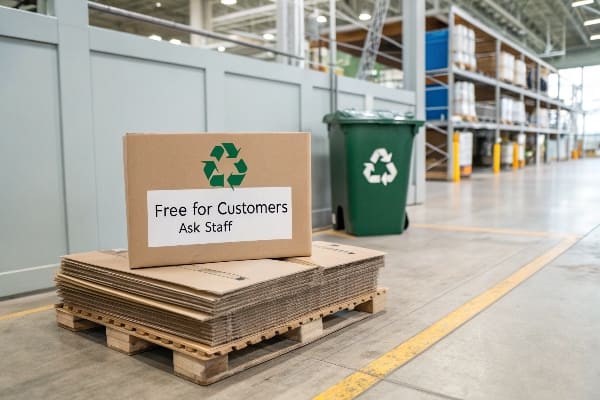 Caixas de papelão achatadas em paletes com sinal de reciclagem e mensagem para clientes