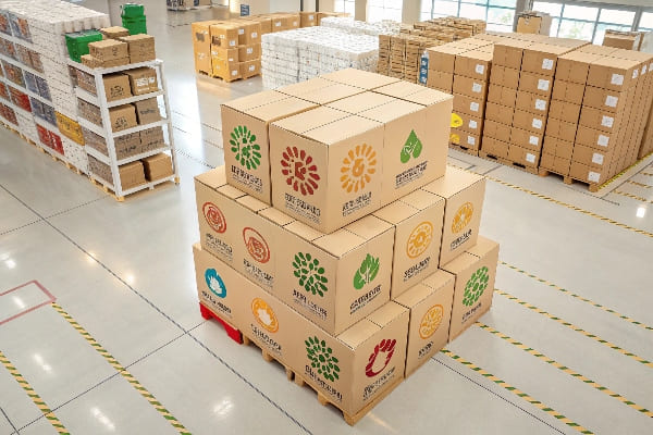 Palete de caixas de papelão ecológicas com ícones coloridos empilhados em um armazém