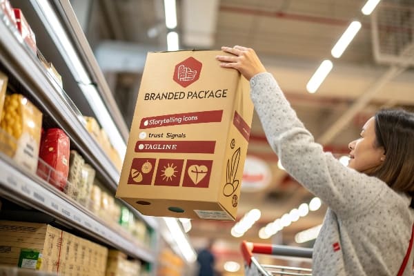 Mujer levantando el paquete de marca del estante de la tienda