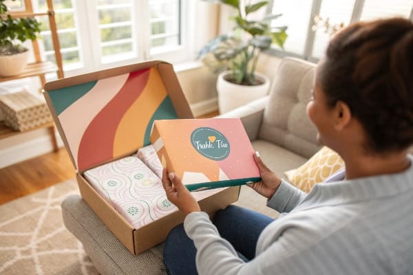 Mujer sonriente unboxing colorido paquete de agradecimiento