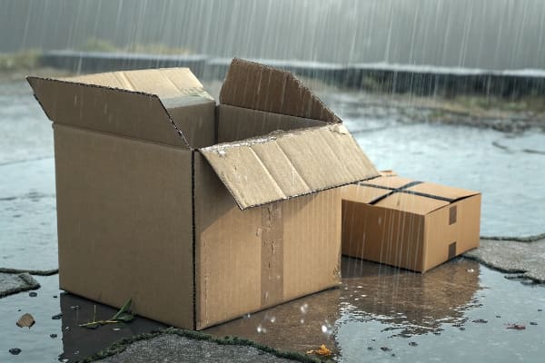 Wet cardboard boxes in heavy rain