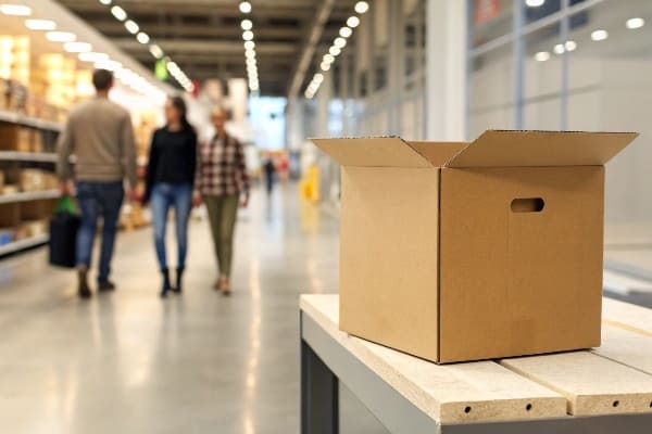 Open cardboard box on retail store table