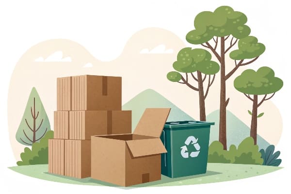 Cardboard boxes near recycling bin in forest