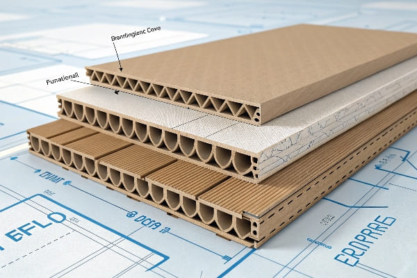 Pile 3D de panneaux ondulés avec des noyaux fonctionnels et de marque sur le plan.