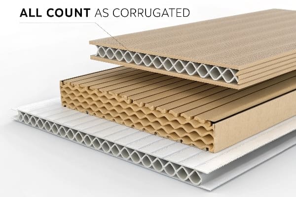 Diagramme explosé de feuilles en carton ondulé en couches étiquetées «toutes comptent comme ondulé».