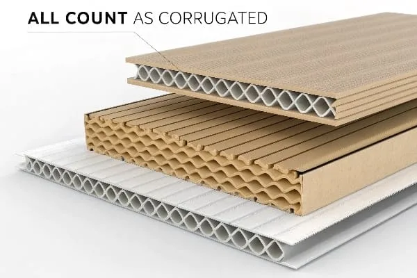 رسم تخطيطي تفصيلي لألواح الكرتون المموجة متعددة الطبقات والمُصنفة على أنها "جميعها تُعتبر مموجة".