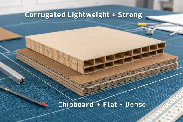 نموذج أولي يقارن بين الورق المقوى المموج خفيف الوزن والورق المقوى الكثيف على مكتب المخططات.