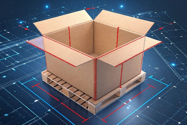Boîte en carton explosée sur la palette avec des bords de pliage rouges et des lignes de dimension sur le plan numérique