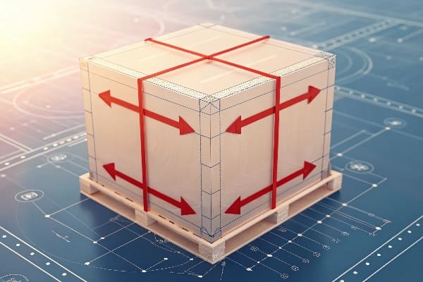 Caisse en bois 3D sur palette avec des flèches rouges indiquant une largeur de longueur de largeur sur le plan du plan