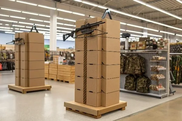 ممر الأدوات الرياضية مع بنادق مثبتة على حوامل منصات نقالة كرتونية طويلة.