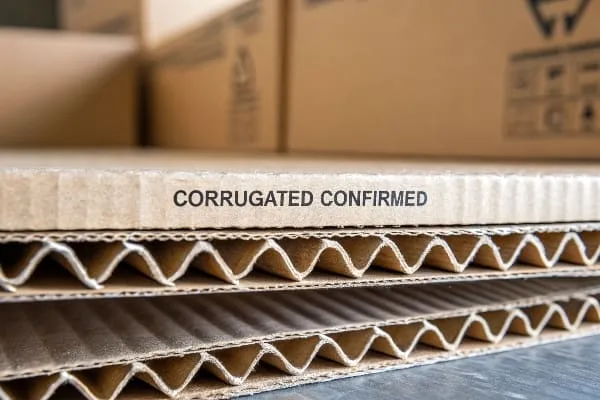 ألواح كرتون مموجة مكدسة بحواف مموجة، مكتوب عليها "مموج مؤكد".