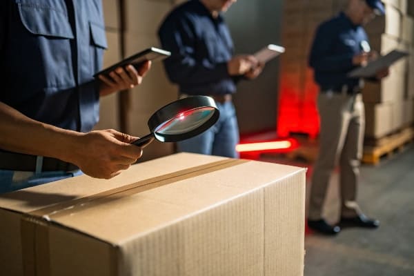 Inspektoren, die eine Kartonbox mit Lupen untersuchen