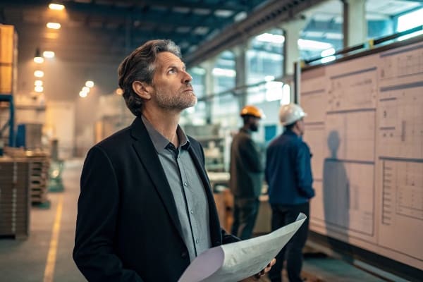 Fabrikmanager, der Industriepläne überprüft