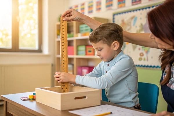 Le jeune garçon mesure la profondeur de la boîte en bois avec la règle pendant que les guides des enseignants, le cadre de la classe