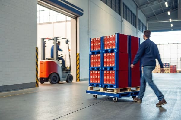 Man moving pallet in distribution center