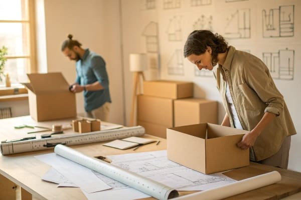 Designer versammeln Kisten im kreativen Arbeitsbereich