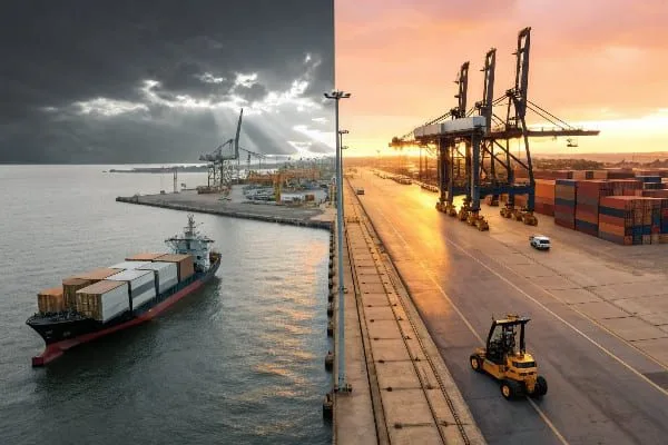 暴风雨和日落时分货运港口的分割图像