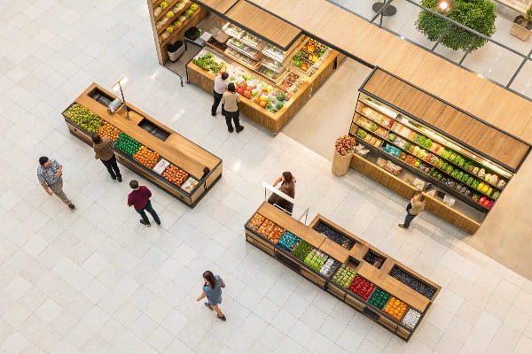 Top-down view of supermarket produce section